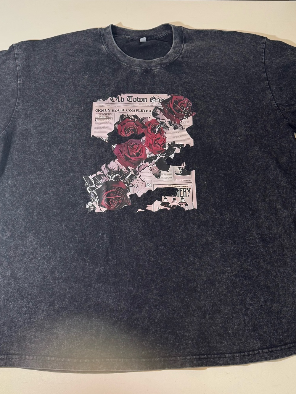 Black Mineral Wash Tee with Red Rose Graphic